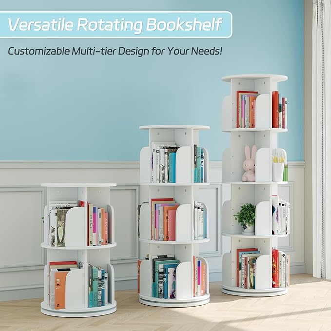EasyCom 4 Tier Rotating Display Bookshelf Organizer Floor Standing Bookcase Storage Rack- Display Round Bookshelf Swivel Corner Book Shelf- Tall Bookcase for Home Study Office, White - LeafyLoom