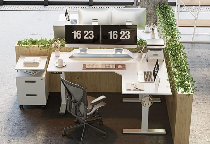 FEZIBO Triple Motor L-Shaped Electric Standing Desk, 63 Inches Height Adjustable Stand up Corner Desk, Sit Stand Workstation with Splice Board, White Frame/White Top - LeafyLoom