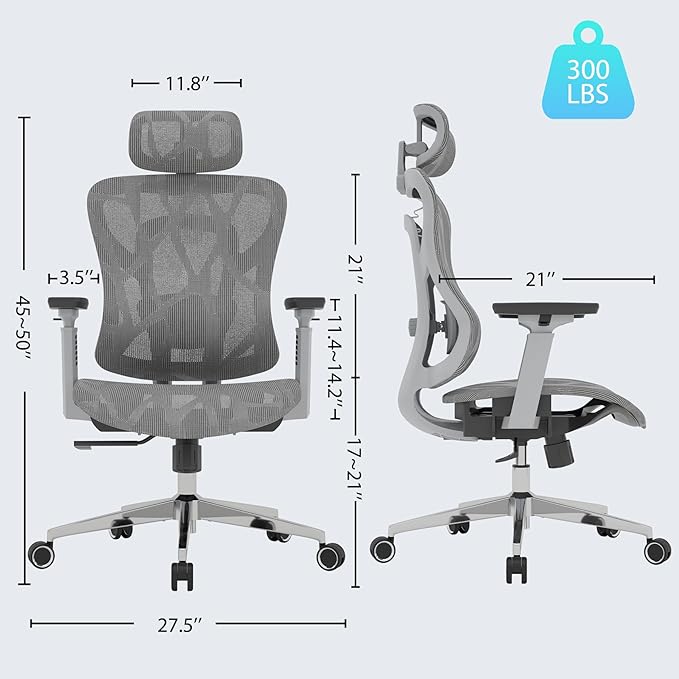 Ergonomic Mesh Office Chair, High Back Desk Chair with 3D Armrests, Adaptive Thoracic Support, 3D lumbar support & Adjustable Headrest, Home Swivel Computer Chair with Tilt Function - LeafyLoom