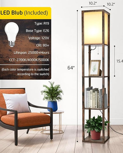 LED Floor Lamp with Shelves, Shelves Floor Lamp for Living Room Bedroom, 4-Tier Modern Shelf Floor Lamp with White Fabric Shape, 3 Color Temperature LED Blub(Brown). - LeafyLoom