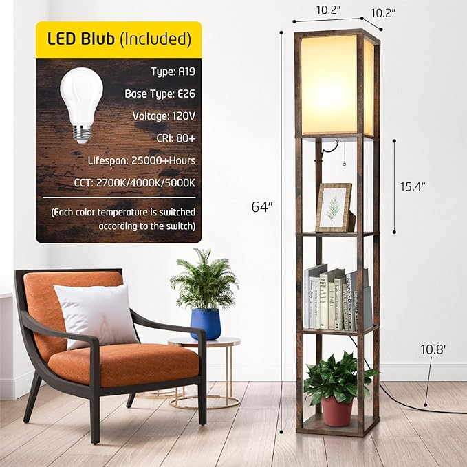 LED Floor Lamp with Shelves, Shelves Floor Lamp for Living Room Bedroom, 4-Tier Modern Shelf Floor Lamp with White Fabric Shape, 3 Color Temperature LED Blub(Brown). - LeafyLoom