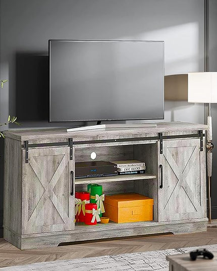 IDEALHOUSE TV Stand Farmhouse Entertainment Center for 65 Inch TV Media Console Cabinet, Gray Barn Doors TV Stand with Storage and Shelves, Modern TV Console Table Furniture (Gray) - LeafyLoom