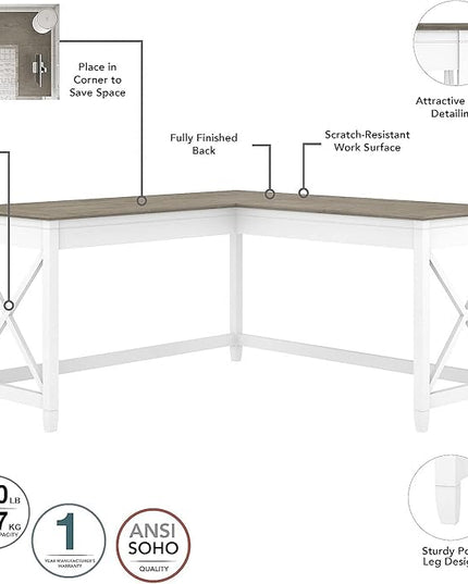 Bush Furniture Key West 60W L Shaped Desk with 2 Drawer Mobile File Cabinet in Pure White and Shiplap Gray - LeafyLoom