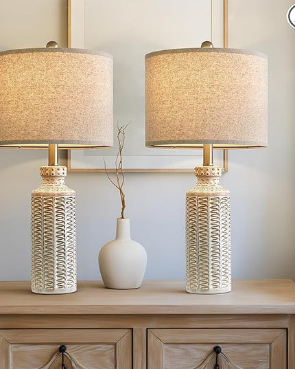 24.75'' Farmhouse Ceramic Table Lamp Set of 2 for Bedroom Living Room Vintage Traditional Rustic Modern White Nightstand Bedside Lamps - LeafyLoom