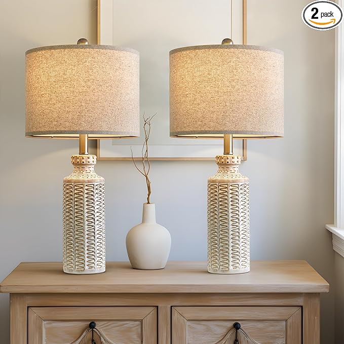 24.75'' Farmhouse Ceramic Table Lamp Set of 2 for Bedroom Living Room Vintage Traditional Rustic Modern White Nightstand Bedside Lamps - LeafyLoom