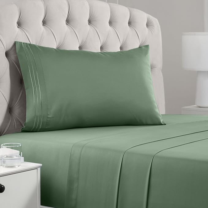 Mellanni Twin XL Sheets Set - 3 PC Iconic Collection Bedding Sheets & Pillowcases - Hotel Luxury, Extra Soft, Cooling Bed Sheets - Deep Pocket up to 16 inch (Twin Extra Long, Sage) - LeafyLoom