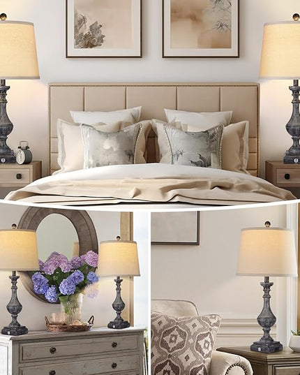 AKASUKI 27.5 Inch Drak Grey Farmhouse Table Lamps for Living Room Set of 2 with USB and Type-C Port, 3-Way Dimmable Table Lamps for Bedroom Vintage Rustic Bedside Lamps for bedrooms(Bulbs Included) - LeafyLoom