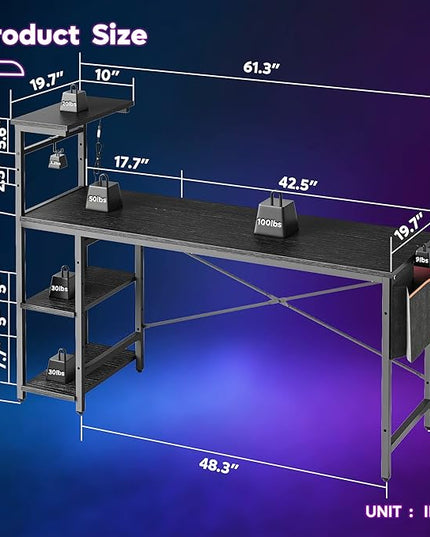 Bestier Gaming Desk with Shelves, 61 Inch Large PC Gaming Table with LED Lights, Led Gamer Desk with 4 Tiers Reversible Storage Shelves for Game & Bedroom Room (Black Grained) - LeafyLoom