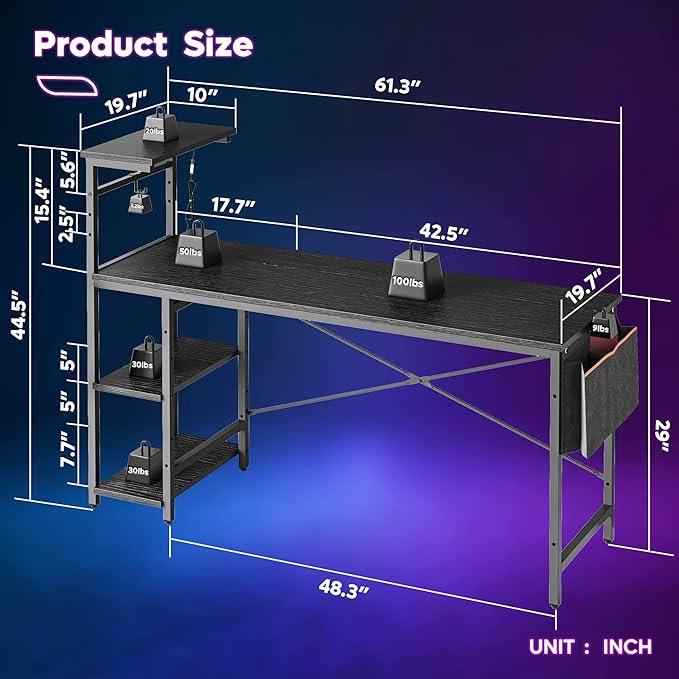 Bestier Gaming Desk with Shelves, 61 Inch Large PC Gaming Table with LED Lights, Led Gamer Desk with 4 Tiers Reversible Storage Shelves for Game & Bedroom Room (Black Grained) - LeafyLoom