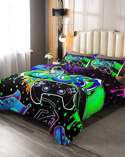 Erosebridal Boy Gaming Comforter Set King Size Gamepad Game Bedding Set Gamers Quilt Tie Dye Duvet Set for Kids Teens Hip Hop Quilt Set Cartoon Design Bedding, Colorful Comforter Set - LeafyLoom