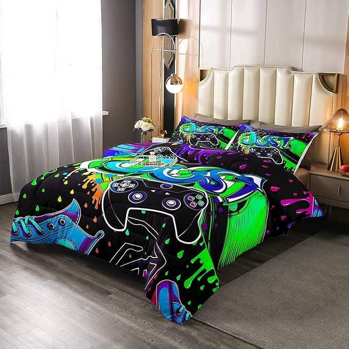 Erosebridal Boy Gaming Comforter Set King Size Gamepad Game Bedding Set Gamers Quilt Tie Dye Duvet Set for Kids Teens Hip Hop Quilt Set Cartoon Design Bedding, Colorful Comforter Set - LeafyLoom