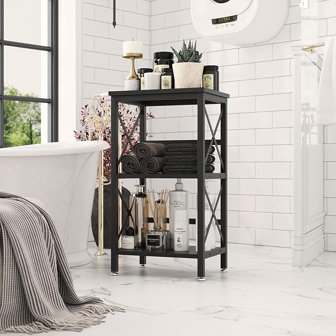 YMYNY 3 Tiers Bookcase, Industrial Metal Bookshelf with Side Fence, Storage Organizer for Living Room, Home Office, Bedroom, Display Racks, Sofa Side Table, 29.5 * 15.75 * 11.4", Black UHST008B - LeafyLoom