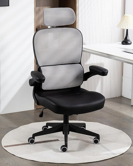 Home Office Chair High Back Computer Desk Chair Ergonomic Task Chair Executive Chair with Lumbar Support Recliner Chair with Adjustable Headrest,Flip-up Armrests (Gray with Nylon Base) - LeafyLoom