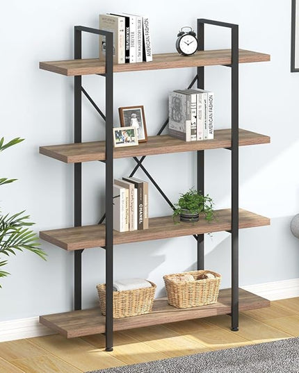 HSH Industrial 4 Tier BookShelf, Modern Metal and Wood 4 Shelf Bookcase Etagere, Farmhouse Open Wide Display Storage Bookshelves and Bookcases Heavy Duty for Bedroom Living Room Office, Rustic Oak - LeafyLoom