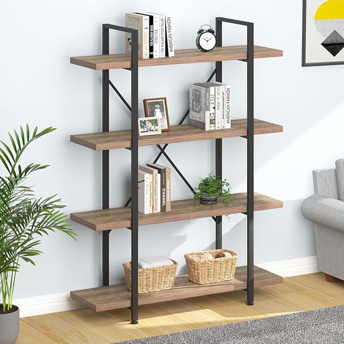 HSH Industrial 4 Tier BookShelf, Modern Metal and Wood 4 Shelf Bookcase Etagere, Farmhouse Open Wide Display Storage Bookshelves and Bookcases Heavy Duty for Bedroom Living Room Office, Rustic Oak - LeafyLoom