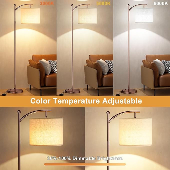Ambimall Floor Lamp with Remote Control and Stepless Dimmable Bulb, Colors Temperature & Brightness Adjustable, Modern Floor Lamps for Living Room（Dark Beige Shade & Brown Pole） - LeafyLoom