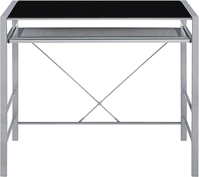 OSP Home Furnishings Zephyr Computer Desk with Keyboard Shelf and Tempered Glass Top, Black Glass and Silver Frame - LeafyLoom