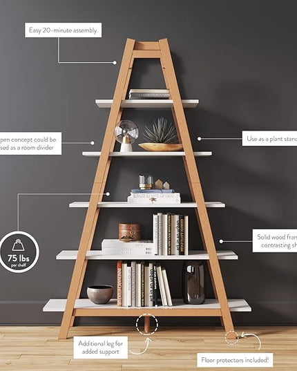 Nathan James 62201 Carlie 5-Shelf Ladder Bookcase, Display or Decorative Storage Rack with White and Rove Brown Wooden Ladder Shelves - LeafyLoom