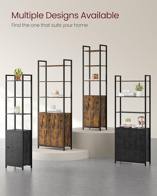 VASAGLE 6-Tier Bookshelf, Tall Bookcase with Door, Steel Frame, Adjustable Shelves, 9.4 x 23.6 x 62.8 Inches, Living Room Bedroom, Rustic Brown and Ink Black ULLS133K01 - LeafyLoom
