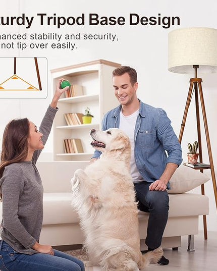 OUTON Wood Tripod Floor Lamp with Shelves, Mid Century LED Modern Dimmable Floor Lamp with Remote Control, Sturdy Tall Standing Lamp with Beige Linen Texture Shade for Living Room, Bedroom, Office - LeafyLoom