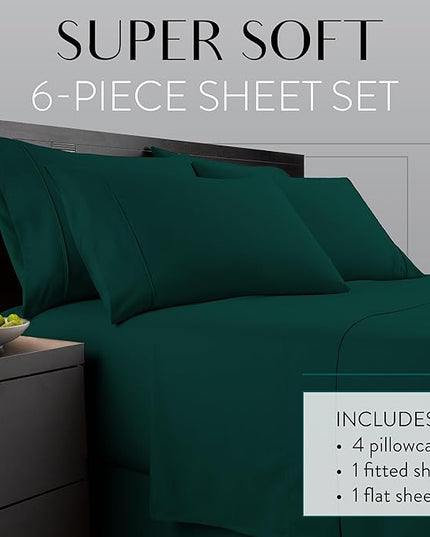 Danjor Linens King Size Sheets Set - 6 Piece Set Including 4 Pillowcases - Deep Pockets - Breathable, Soft Bed Sheets - Wrinkle Free - Machine Washable - Forest Green King Bed Sheets - 6 pc - LeafyLoom