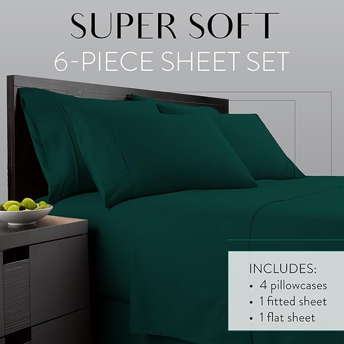 Danjor Linens King Size Sheets Set - 6 Piece Set Including 4 Pillowcases - Deep Pockets - Breathable, Soft Bed Sheets - Wrinkle Free - Machine Washable - Forest Green King Bed Sheets - 6 pc - LeafyLoom