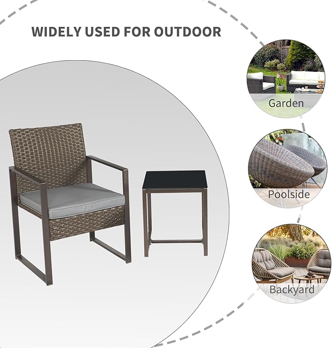 3 Pieces Patio Furniture Set Outdoor Wicker Bistro set Rattan Chair Conversation Sets with Coffee Table for Porch, Balcony,Garden,Backyard and Removable Cushions Grey - LeafyLoom