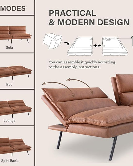Futon Sofa Bed, Memory Foam Futon Couch with Adjustable Backrest, Multi-Functional Design Convertible Sofa Bed, Space-Saving Sleeper Sofa for Living Room(Brown-PU) - LeafyLoom