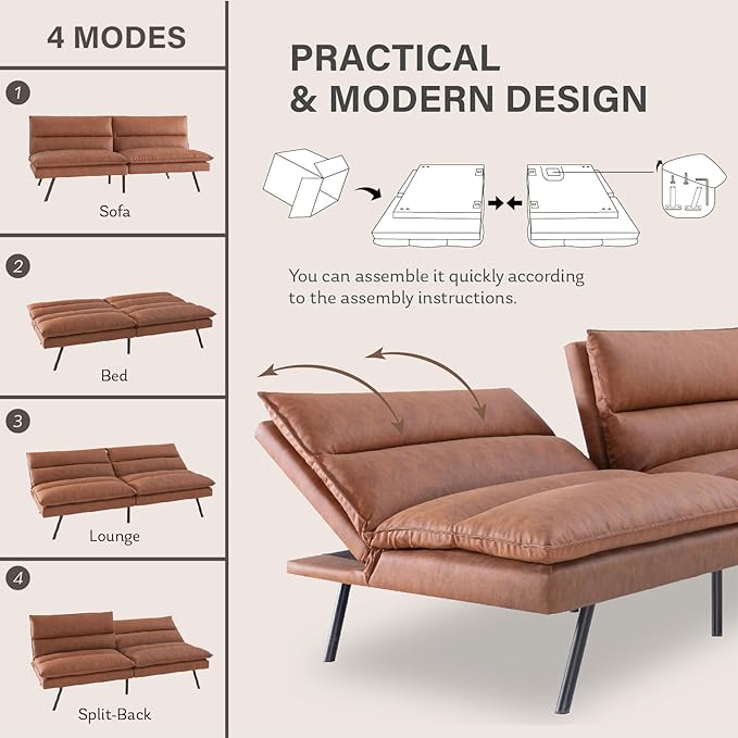 Futon Sofa Bed, Memory Foam Futon Couch with Adjustable Backrest, Multi-Functional Design Convertible Sofa Bed, Space-Saving Sleeper Sofa for Living Room(Brown-PU) - LeafyLoom