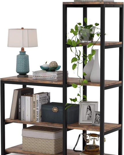 L Shaped Bookshelf Corner Etagere Bookcase for Living Room Home Office, Brown - LeafyLoom