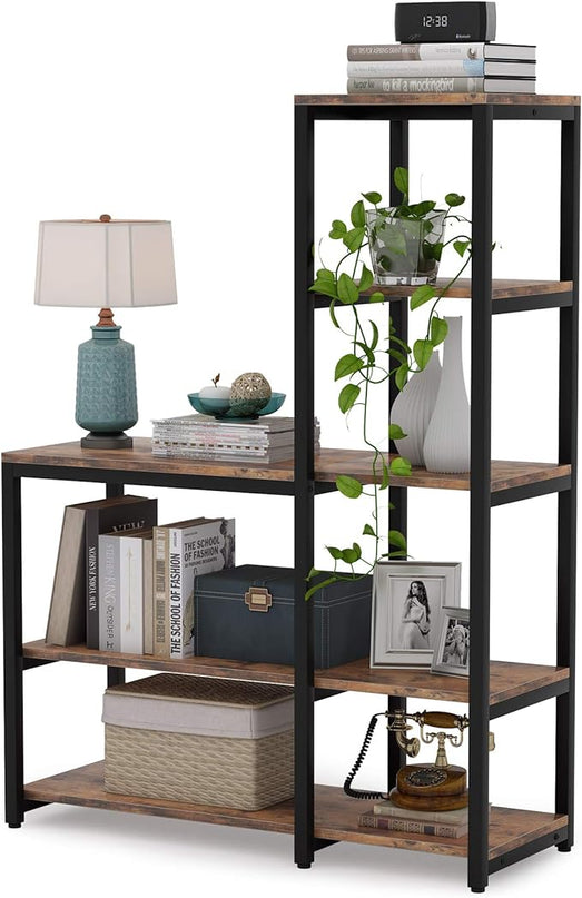 L Shaped Bookshelf Corner Etagere Bookcase for Living Room Home Office, Brown - LeafyLoom