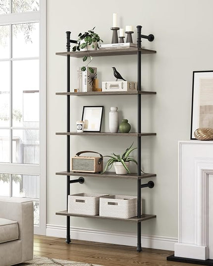 5 Tier Shelf, Wall Mounted Bookshelf, Industrial Bookcase, Open Display Shelves Tall Modern Book Case Standing Leaning Wall Shelves for Living Room Bedroom Home Office Kitchen, Oak Gray - LeafyLoom