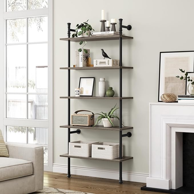 5 Tier Shelf, Wall Mounted Bookshelf, Industrial Bookcase, Open Display Shelves Tall Modern Book Case Standing Leaning Wall Shelves for Living Room Bedroom Home Office Kitchen, Oak Gray - LeafyLoom