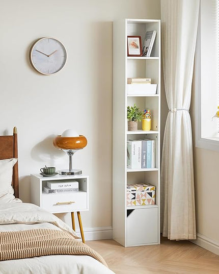 IBUYKE 6 Tier Tall Narrow Bookcase, Modern White Corner Bookcase with Doors Storage,Cube Media Tower Rack,Cabinet,Floor Standing Display Storage Shelves for Small Spaces,for Home Office White UWBC001W - LeafyLoom
