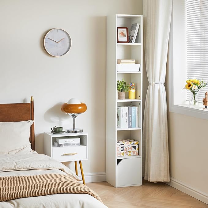 IBUYKE 6 Tier Tall Narrow Bookcase, Modern White Corner Bookcase with Doors Storage,Cube Media Tower Rack,Cabinet,Floor Standing Display Storage Shelves for Small Spaces,for Home Office White UWBC001W - LeafyLoom