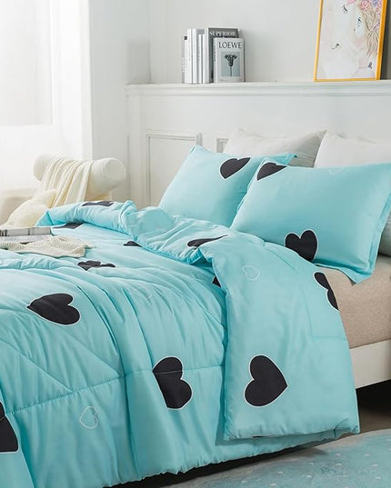 Love Pattern Girls Comforter Set King Size, Sky Blue Cute Love Heart Print Comforter Bedding Set for All Seasons, Geometric Soft Microfiber 3 Pieces Comforter Set with Pillowcases - LeafyLoom