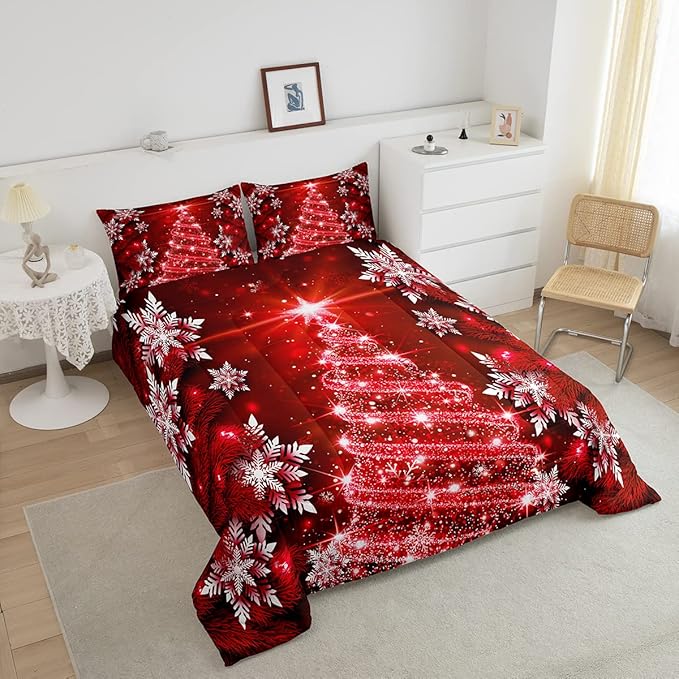 Christmas Tree Comforter Set for Children Kids Boys Girls Luxury Chic Xmas Theme Bedding Set Glitter Snowflake Star Comforter Microfiber Red Duvet Set Room Decor Quilt Set Full Size - LeafyLoom