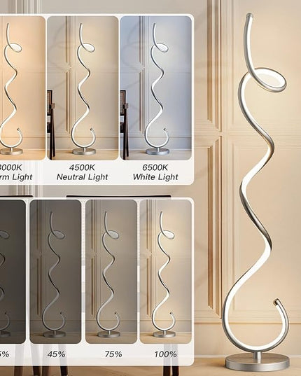 Modern Floor Lamps for Living Room, LED 53" Tall 30W Silver Spiral Corner Floor Lamp with Remote, 3 Color Temperature, Stepless Dimmable, Bright Standing Lamp for Bedroom Home Office Deco - LeafyLoom