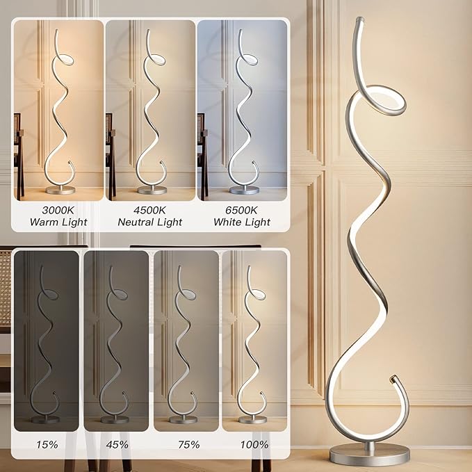 Modern Floor Lamps for Living Room, LED 53" Tall 30W Silver Spiral Corner Floor Lamp with Remote, 3 Color Temperature, Stepless Dimmable, Bright Standing Lamp for Bedroom Home Office Deco - LeafyLoom