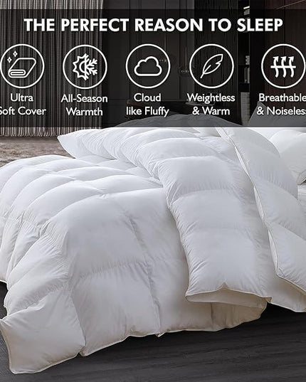 Luxurious Oversized Super King 120" x 120" Size Goose Down Fiber Waterfowl Feather Fiber Comforter Duvet, 100% Egyptian Cotton Cover, 90 oz. Fill Weight, Baffle Box Design, White Solid - LeafyLoom