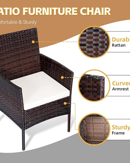 Patio Set 3 Piece Outdoor Rattan Porch Furniture with Tempered Glass Side Table & Cushion All Weather Conversation Bistro Set for Balcony,Deck,Porch (Brown/Beige) - LeafyLoom