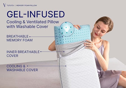 Queen Size Gel Memory Foam Pillow - Ventilated, Orthopedic, Contoured Support, Cooling, with Viscose Made from Bamboo Cover - Essential for College Dorms - LeafyLoom
