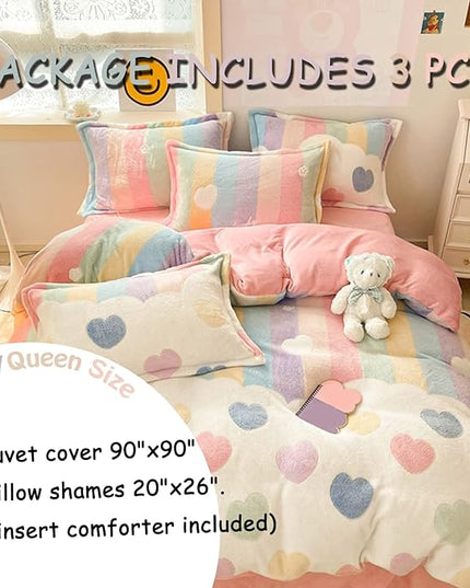 MorroMorn Pink Duvet Cover Queen, Rainbow Bedding Sets, Fluffy Comforter Covers Set, Down Alternative Blanket Ultra Soft Kawaii Cute for Girls Kids Teen Women Full Double Size - LeafyLoom