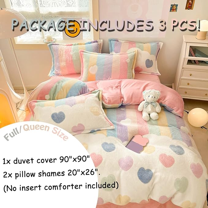 MorroMorn Pink Duvet Cover Queen, Rainbow Bedding Sets, Fluffy Comforter Covers Set, Down Alternative Blanket Ultra Soft Kawaii Cute for Girls Kids Teen Women Full Double Size - LeafyLoom