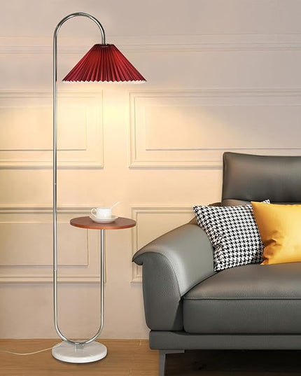 Modern Elegant with Tray Floor Lamp for Office Cafe Den Living Room Bedroom, Foot Switch and Chrome Finish,Red Pleated Cloth Lampshade - LeafyLoom