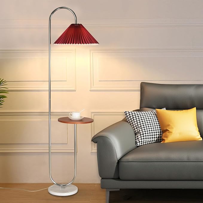 Modern Elegant with Tray Floor Lamp for Office Cafe Den Living Room Bedroom, Foot Switch and Chrome Finish,Red Pleated Cloth Lampshade - LeafyLoom