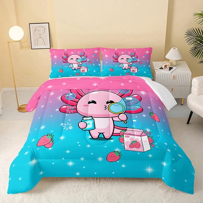 Kawaii Axolotl Comforter,Pink Salamander Comforter Set for Kids Teens Girls,3Pcs Bedding Set Printed Comforter with 2 Pillowcases,Down Alternative,Soft and Lightweight(Pink，Twin Size) - LeafyLoom
