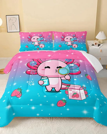 Kawaii Axolotl Comforter,Pink Salamander Comforter Set for Kids Teens Girls,3Pcs Bedding Set Printed Comforter with 2 Pillowcases,Down Alternative,Soft and Lightweight(Pink，Full Size) - LeafyLoom