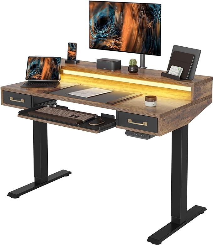 FEZIBO 48 x 24 Inch Height Adjustable Electric Standing Desk with Double Drawers&Keyboard Tray, Stand Up Desk with LED Strips, Sit Stand Desk with Monitor Stand, Rustic Brown - LeafyLoom