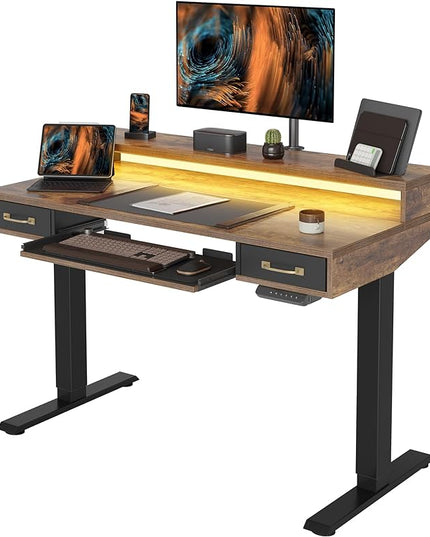 FEZIBO 48 x 24 Inch Height Adjustable Electric Standing Desk with Double Drawers&Keyboard Tray, Stand Up Desk with LED Strips, Sit Stand Desk with Monitor Stand, Rustic Brown - LeafyLoom